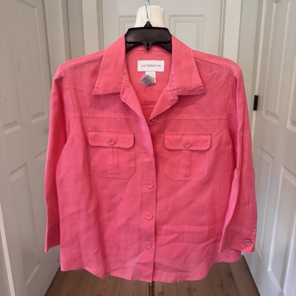 100% Linen Coral Pink Shirt Jacket Button Up Size 8 Coastal Grandma Pretty‎ - Picture 3 of 9
